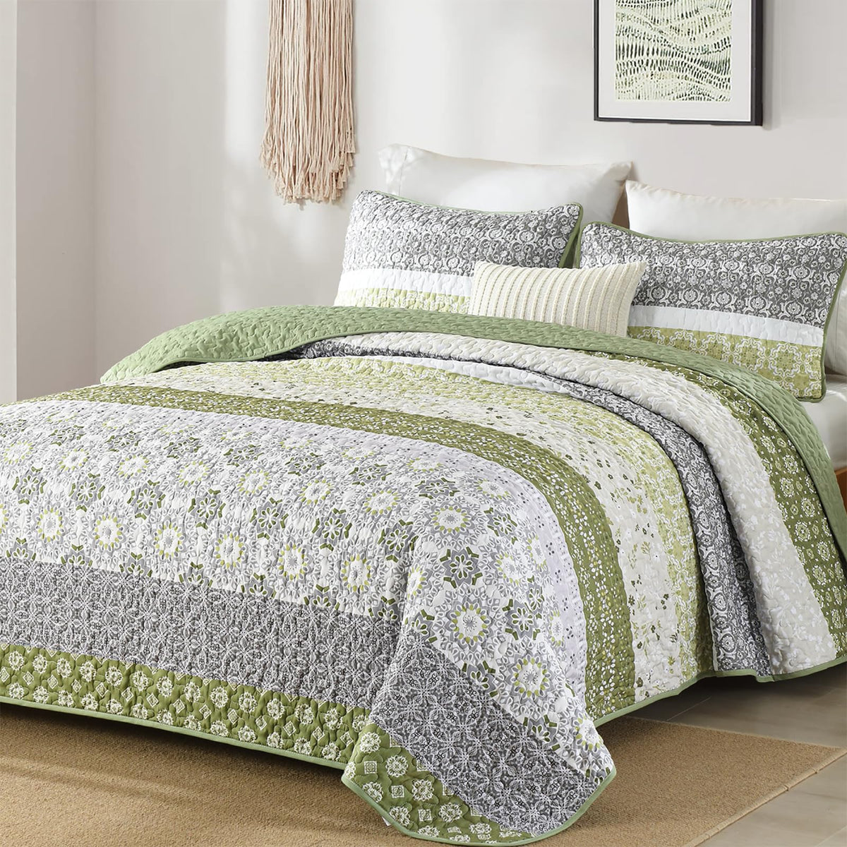 WONGS BEDDING Boho Quilt Set Queen，3 Pcs Yellow Floral Striped Bedspread