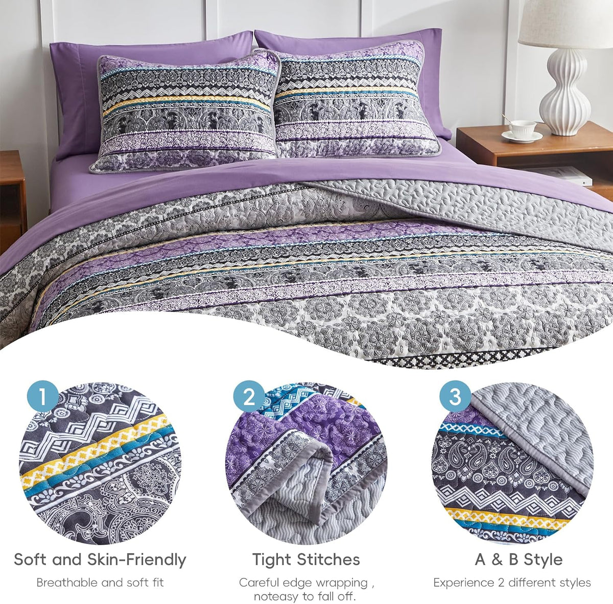 3 Pieces Colorful Boho Quilt Set Full Queen Size, Purple n Grey Bohemian Striped Printed Bedding Bedspread Coverlet Set for Summer, Soft Lightweight Microfiber Quilt with 2 Shams (88x88 inces)