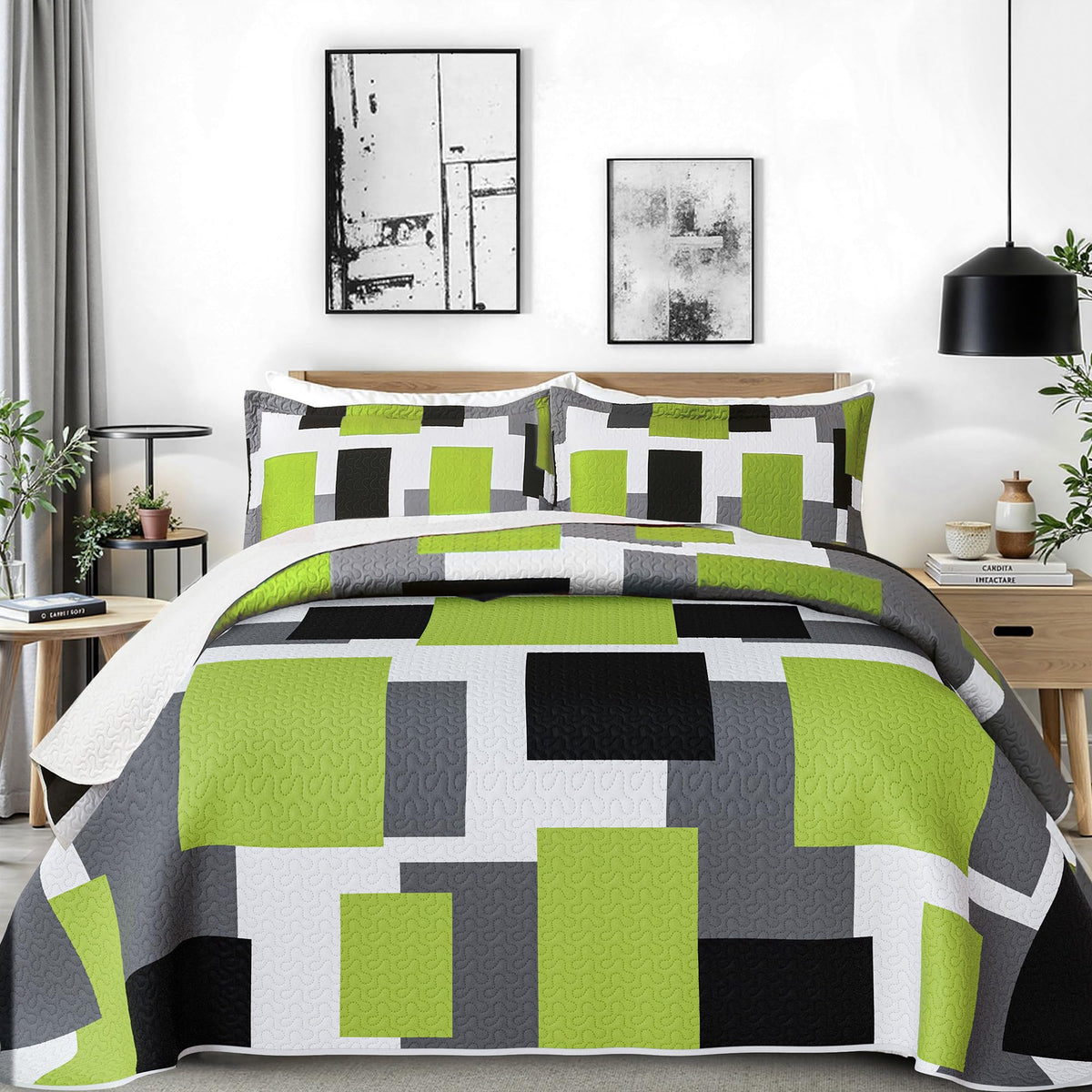 Tyrot 3 Piece Black Grey Quilt Full/Queen Size Black White Gray Bedding Set