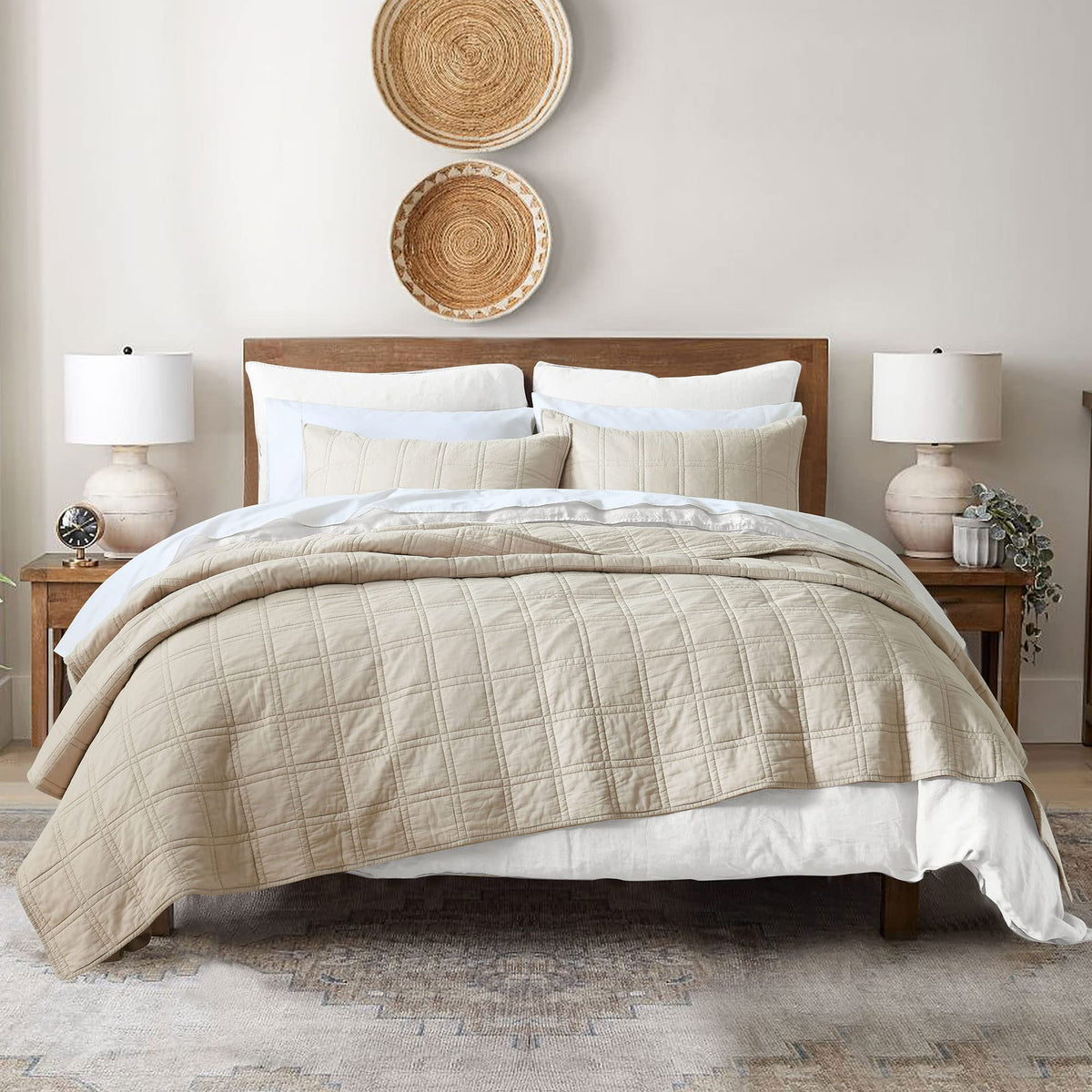 HORIMOTE HOME 100% Cotton Quilt Set Twin Size, White Pre-Washed 2-Piece Bedspread Coverlet Set, Cozy Lightweight Stitching Decorative Bedding Cover with 1 Shams in Geometric Pattern for All Season
