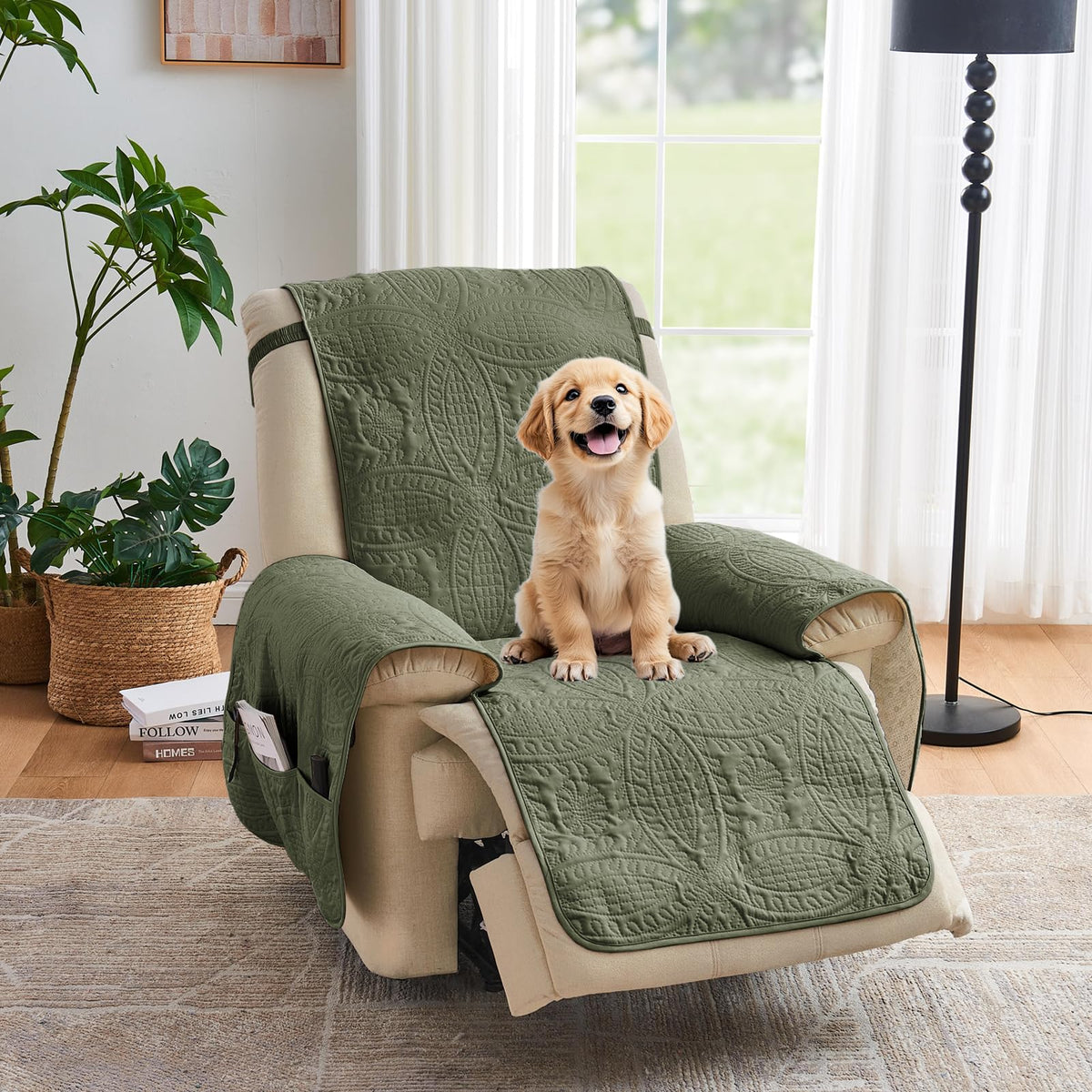 Soft Quilted Couch Cover with Pockets for Extra-Large Sofa, Anti-Slip Sofa Covers Washable for 3 Cushion Pet Friendly Medallion Oversized Sofa Cover Water-Repellent (X-Large Sofa 78", Ivory White)