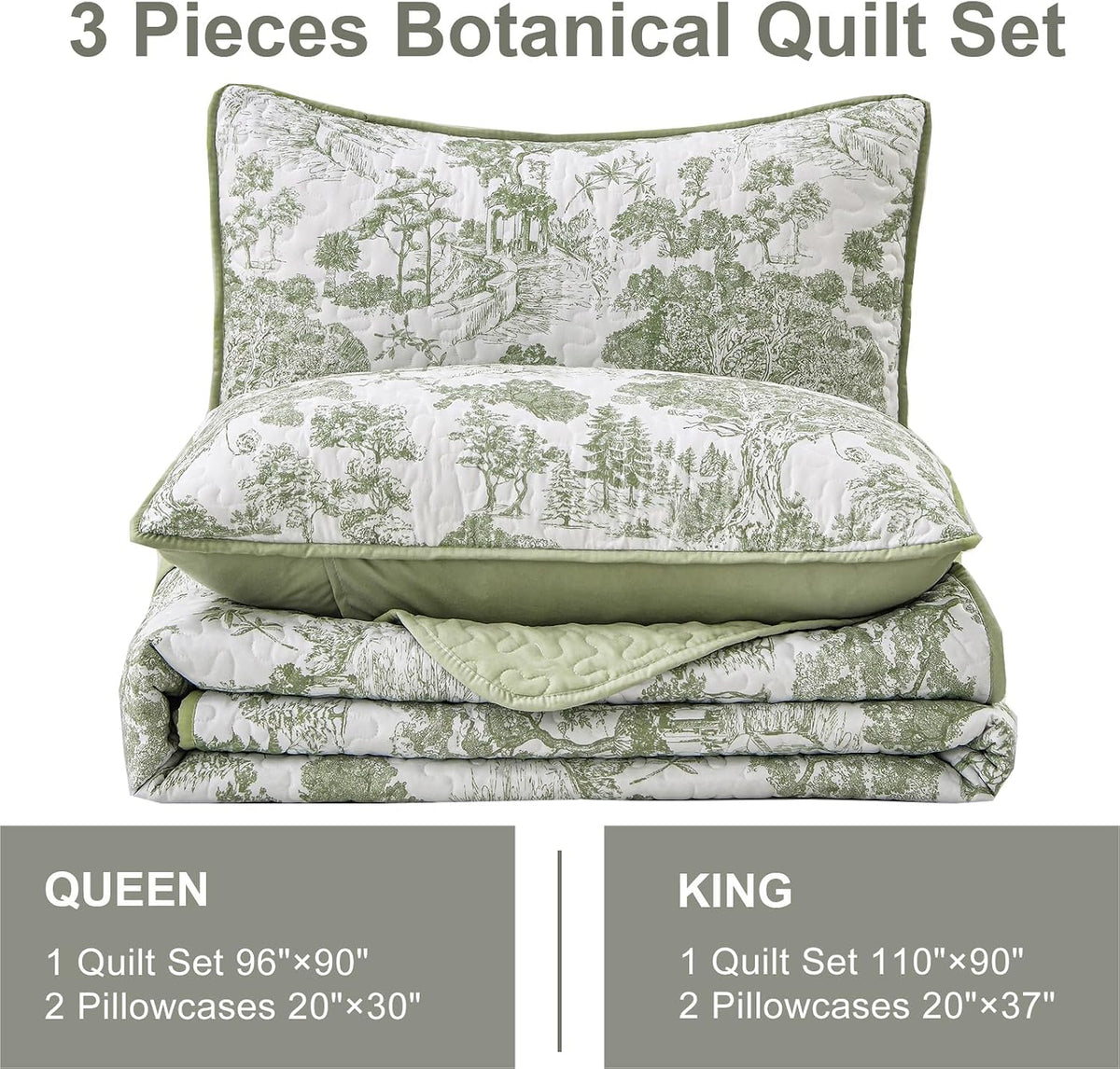 WONGS BEDDING Sage Green Quilt Set King Size, Botanical Floral Bedspread