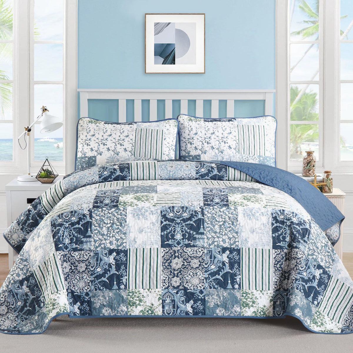 Drucon Green Patchwork Queen Quilt Set, Spring Summer Bedspreads Bedding Set, 3 Pieces Lightweight Soft Plaid Coverlet with 2 Pillow Shams for All Season 96x90 Inch