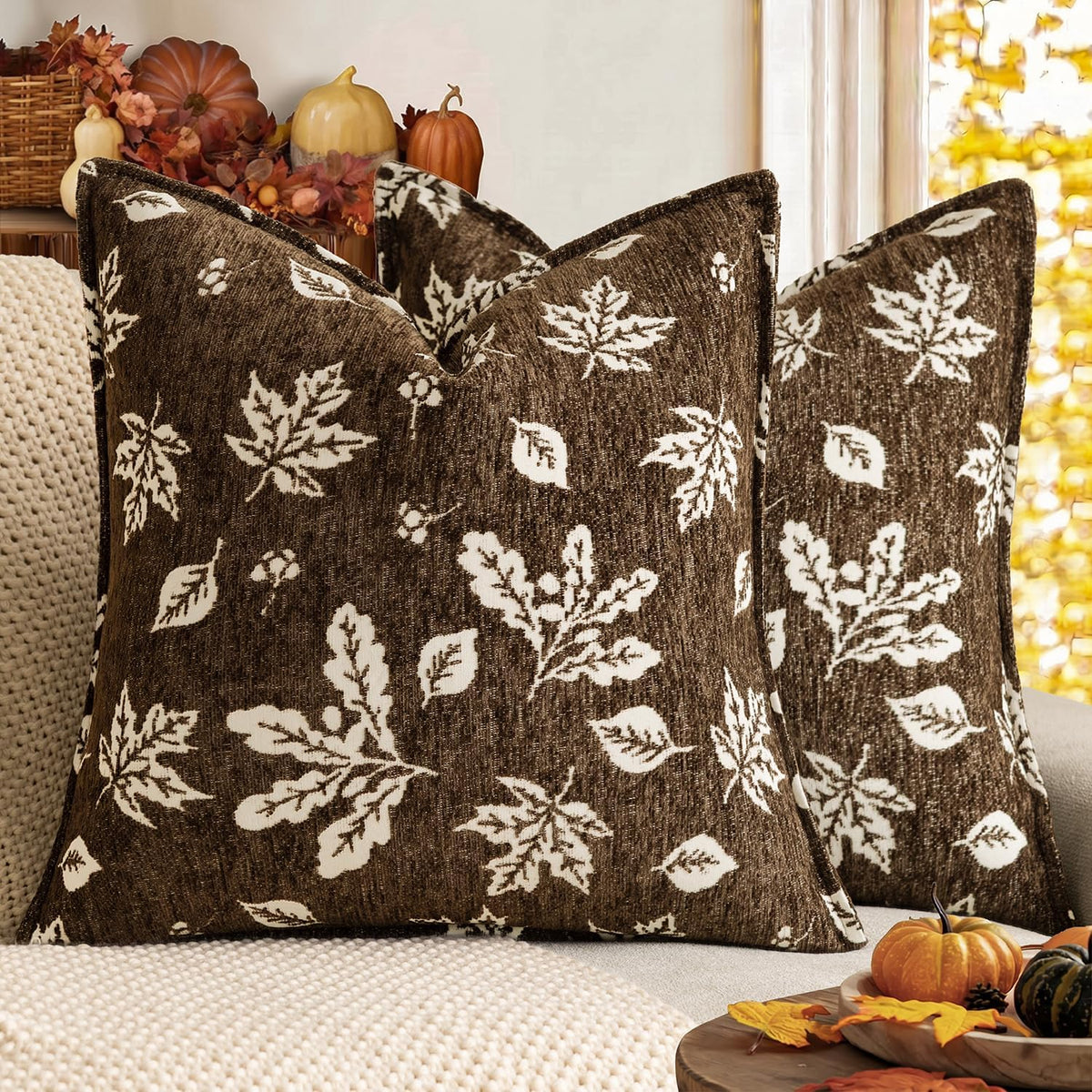 Foindtower Decorative Fall Chenille Throw Pillow Covers 18×18 Dark Brown