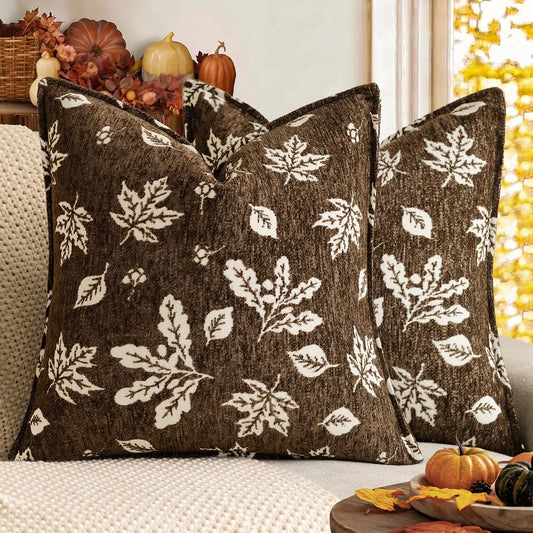 Foindtower Decorative Fall Chenille Throw Pillow Covers 18×18 Dark Brown