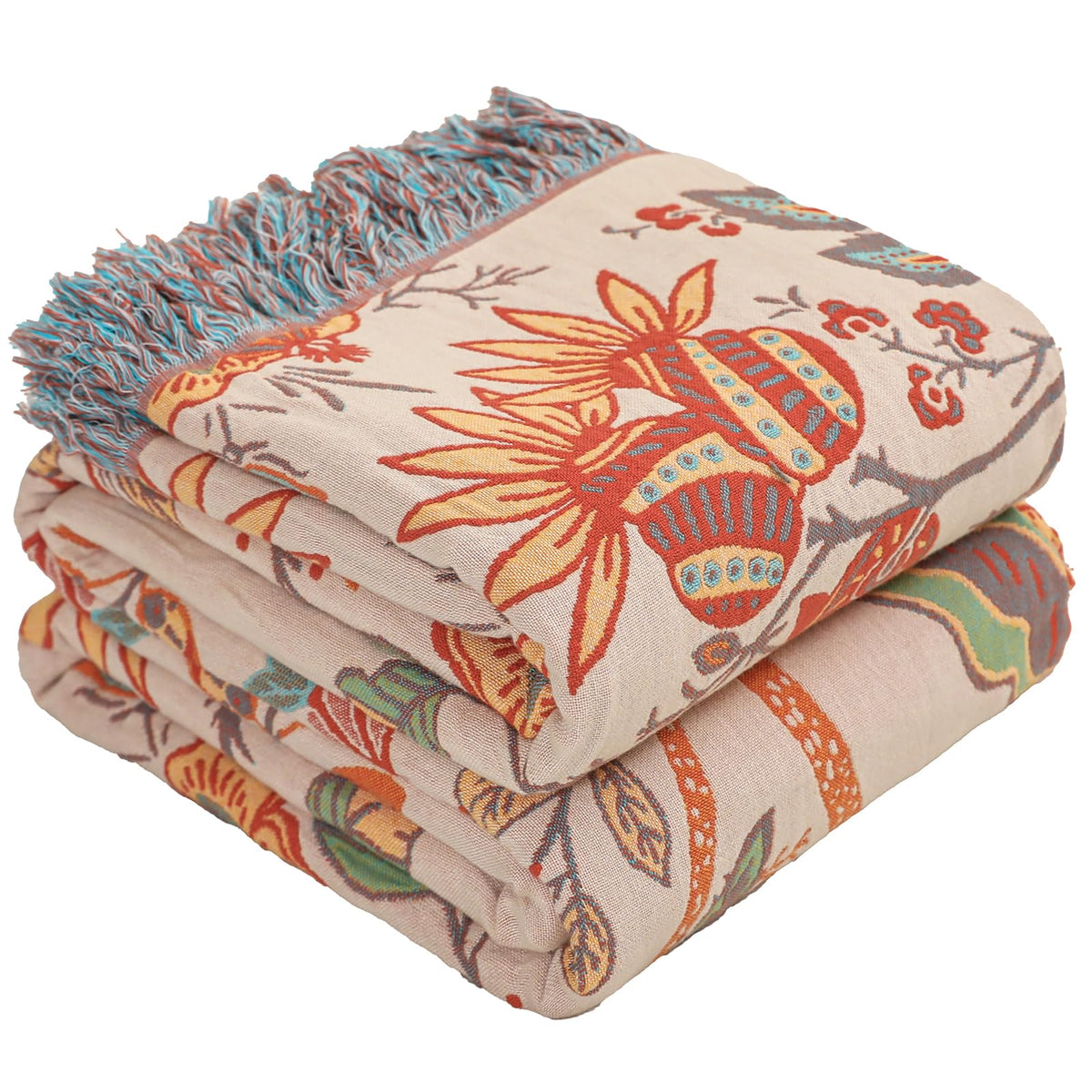 Floral Rustic Large Boho Throw Blanket 90"x98" Orange&Sage Green