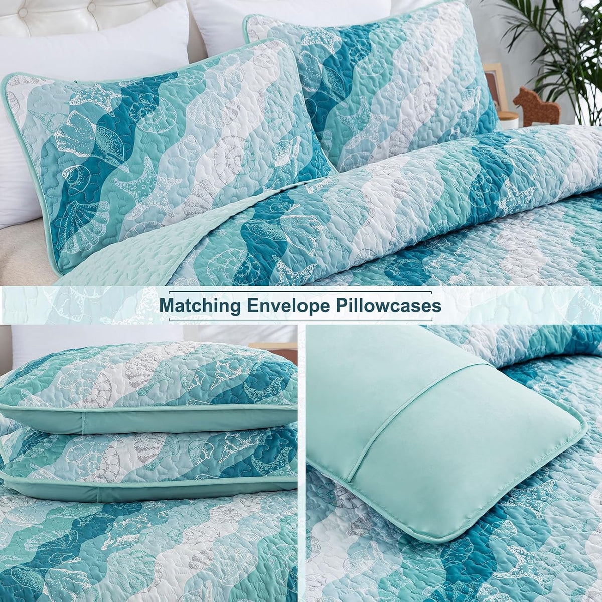 Dinjoy Coastal Quilts Queen Size, Blue Green Ocean Beach Themed Bedding Set