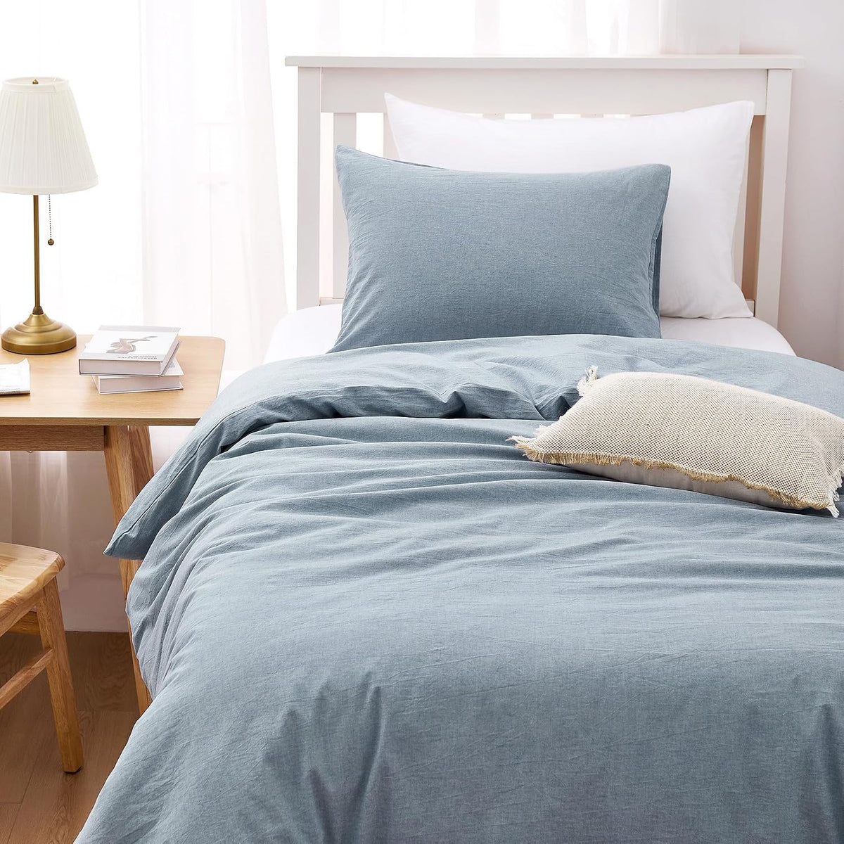 Wake In Cloud - Cotton Duvet Cover Set, 100% Washed Cotton, Linen Like Textured, Breathable Durable Comfy Farmhouse Neutral Bedding Set, 3 Pieces, Light Denim Blue, Twin/Twin XL Size
