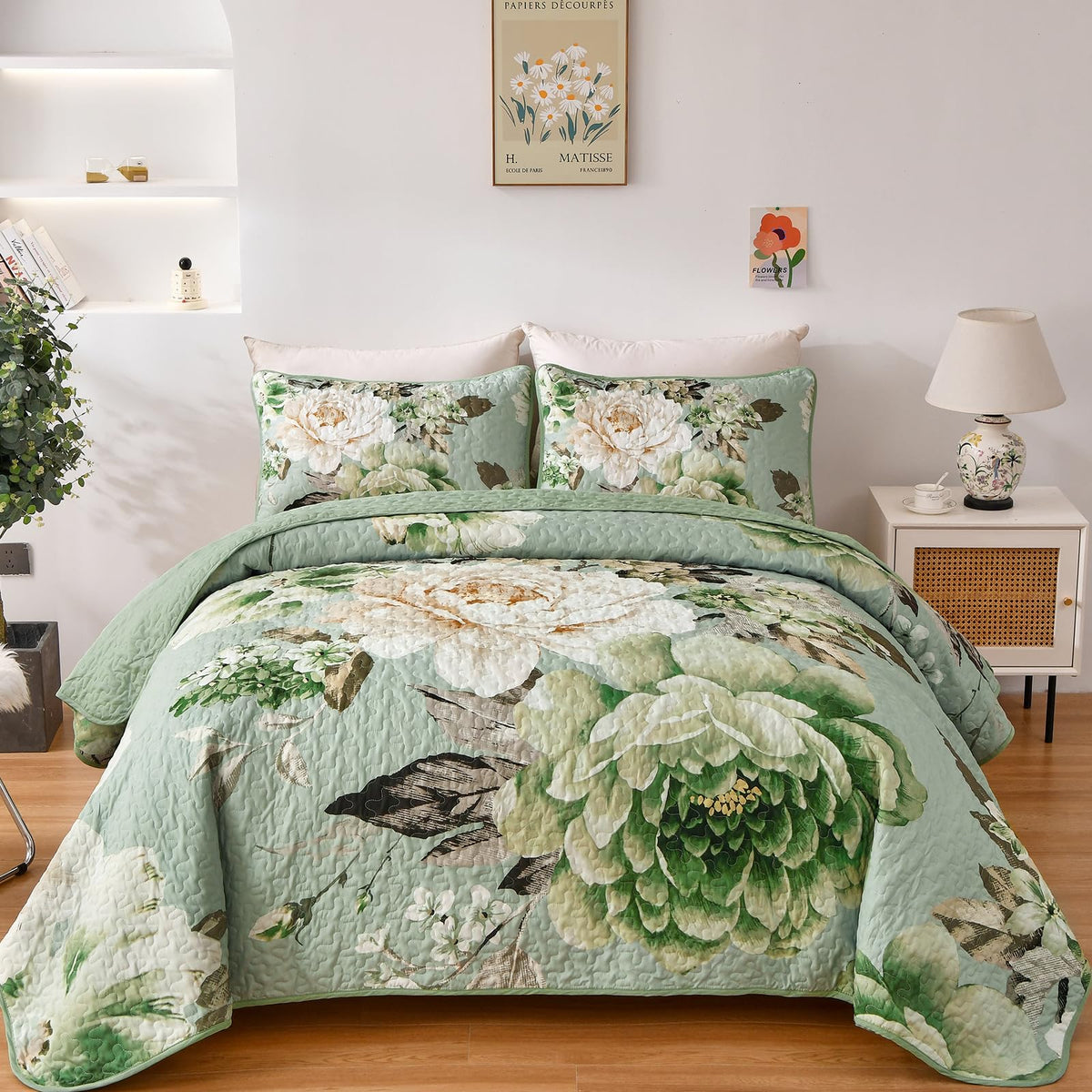 WONGS BEDDING Fall Quilt King Size, 3 Pcs Taupe Floral Bedspread Bedding