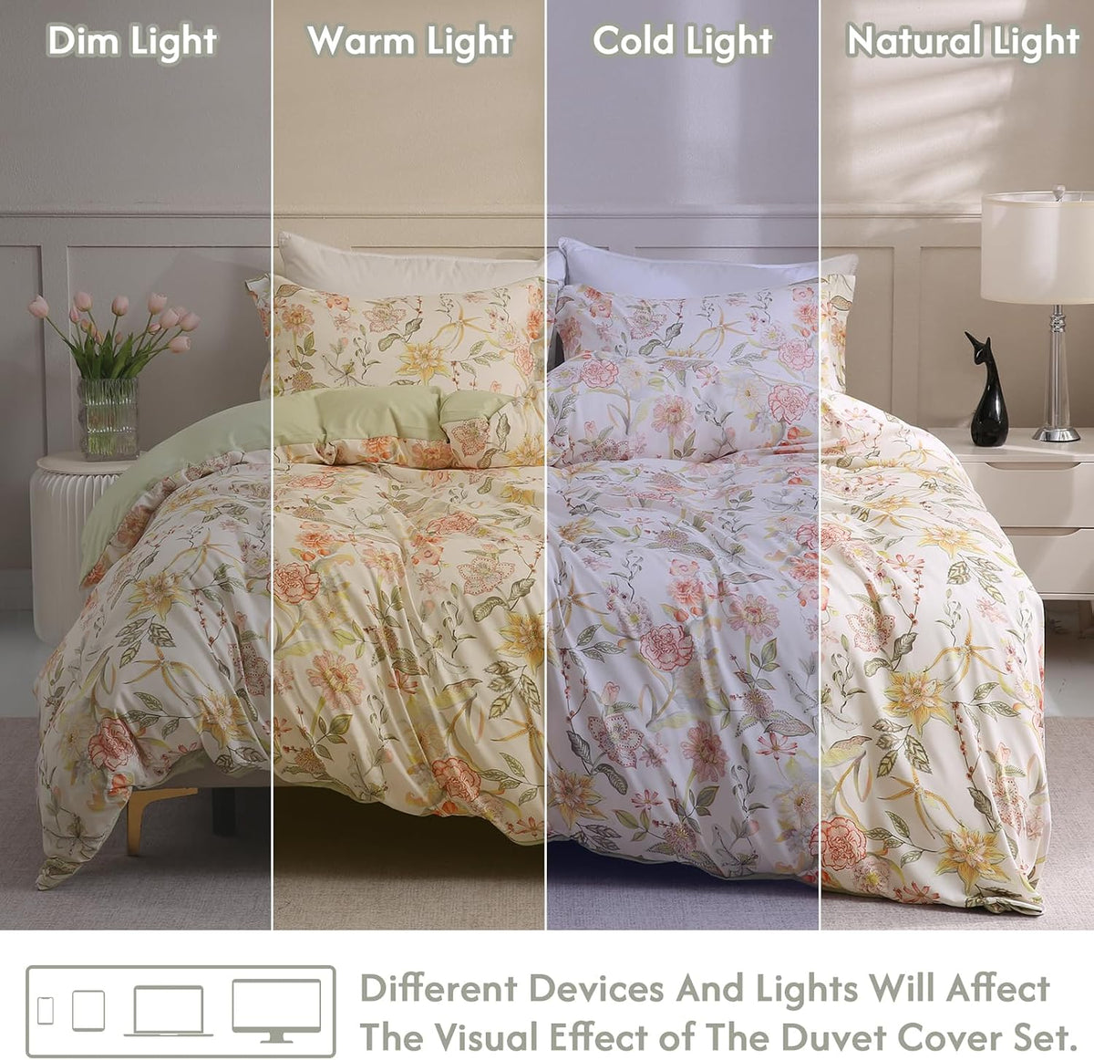 LONAVA Queen Floral 3 Pcs Duvet Cover Set, Breathable Soft Microfiber Glass Green Lining Comforter Cover with Zipper Closure, and 2 Anti-Pilling, Fade Resistant Pillowcases, Fall Floral