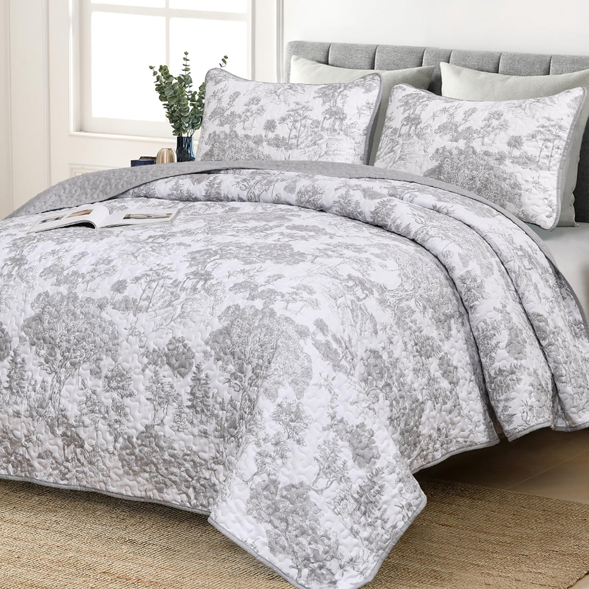 WONGS BEDDING Sage Green Quilt Set King Size, Botanical Floral Bedspread