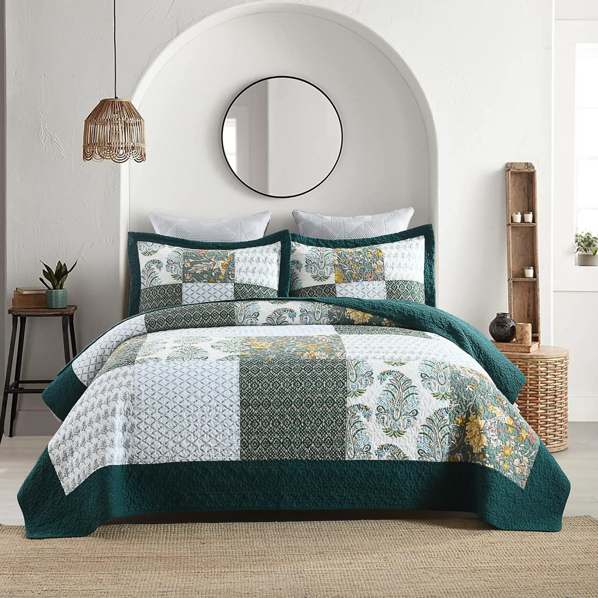 Secgo California King Quilt Size - 100% Cotton Oversized California Comforter Set Green Bedding Sets (120 * 110 Inch) with 2 Pillow Shams, Patchwork Reversible Lightweight Bedspread