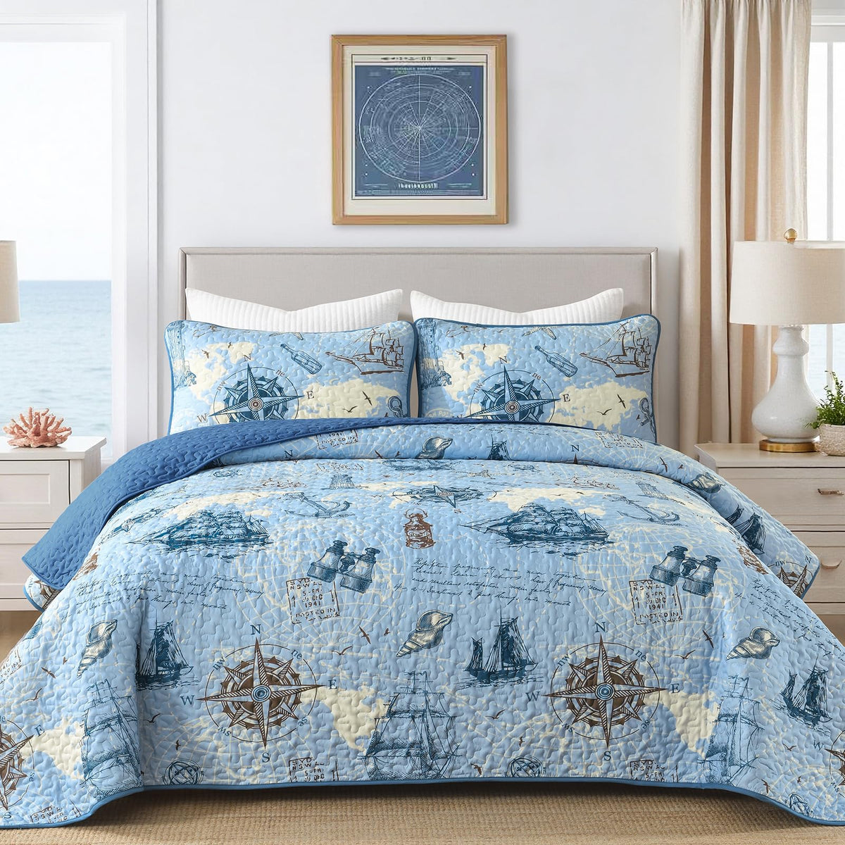 DJY Ocean Coastal Quilt Queen Size, 3 Pcs Sea Turtle Theme Bedspread Set