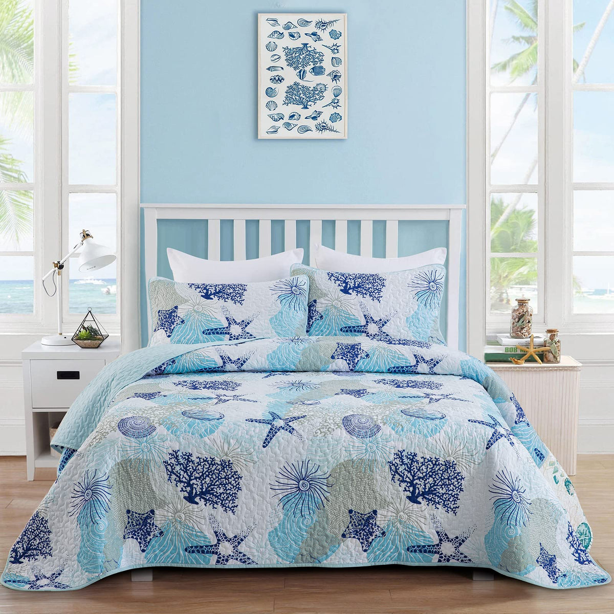Dinjoy Coastal Quilts Queen Size, Blue Green Ocean Beach Themed Bedding Set