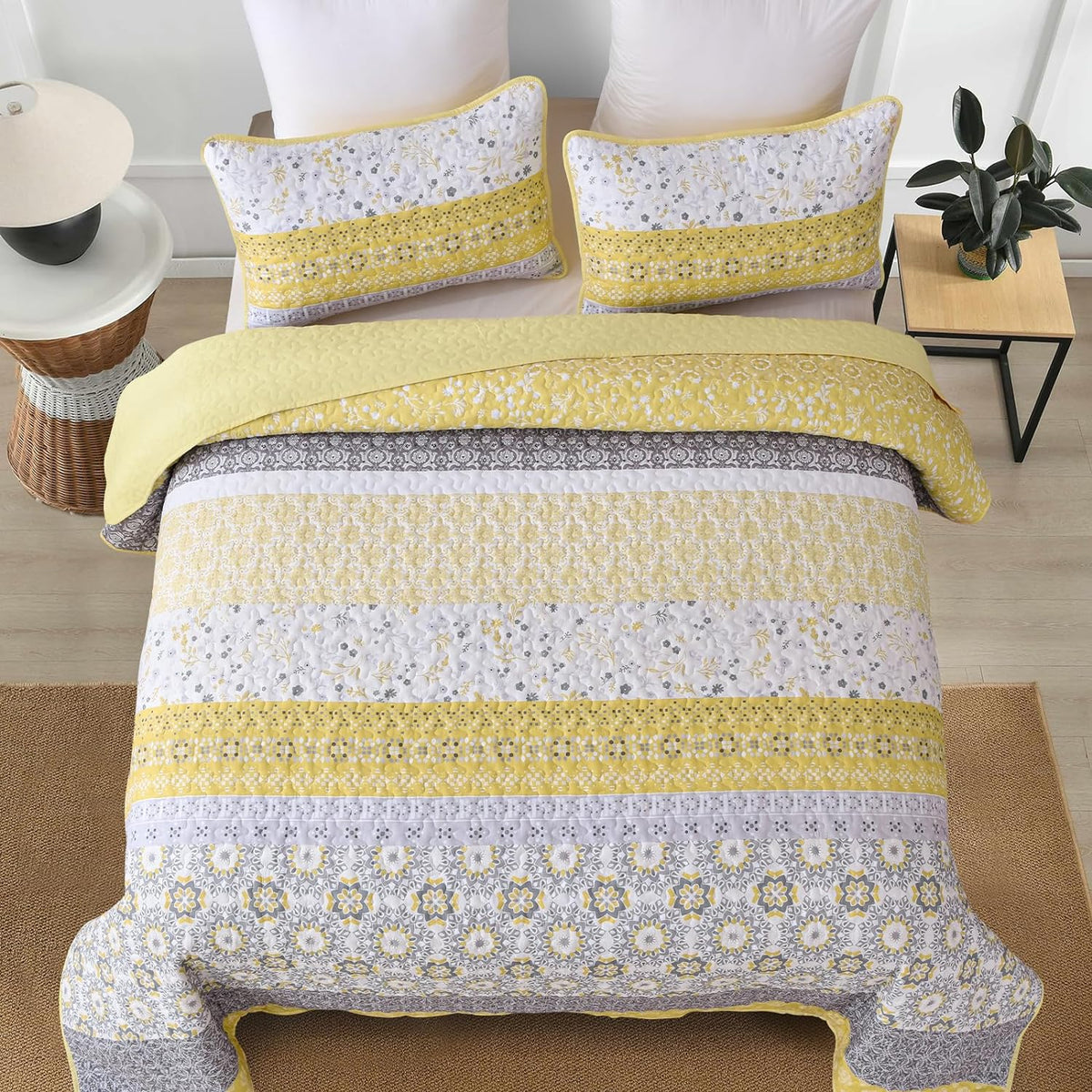 WONGS BEDDING Boho Quilt Set Queen，3 Pcs Yellow Floral Striped Bedspread