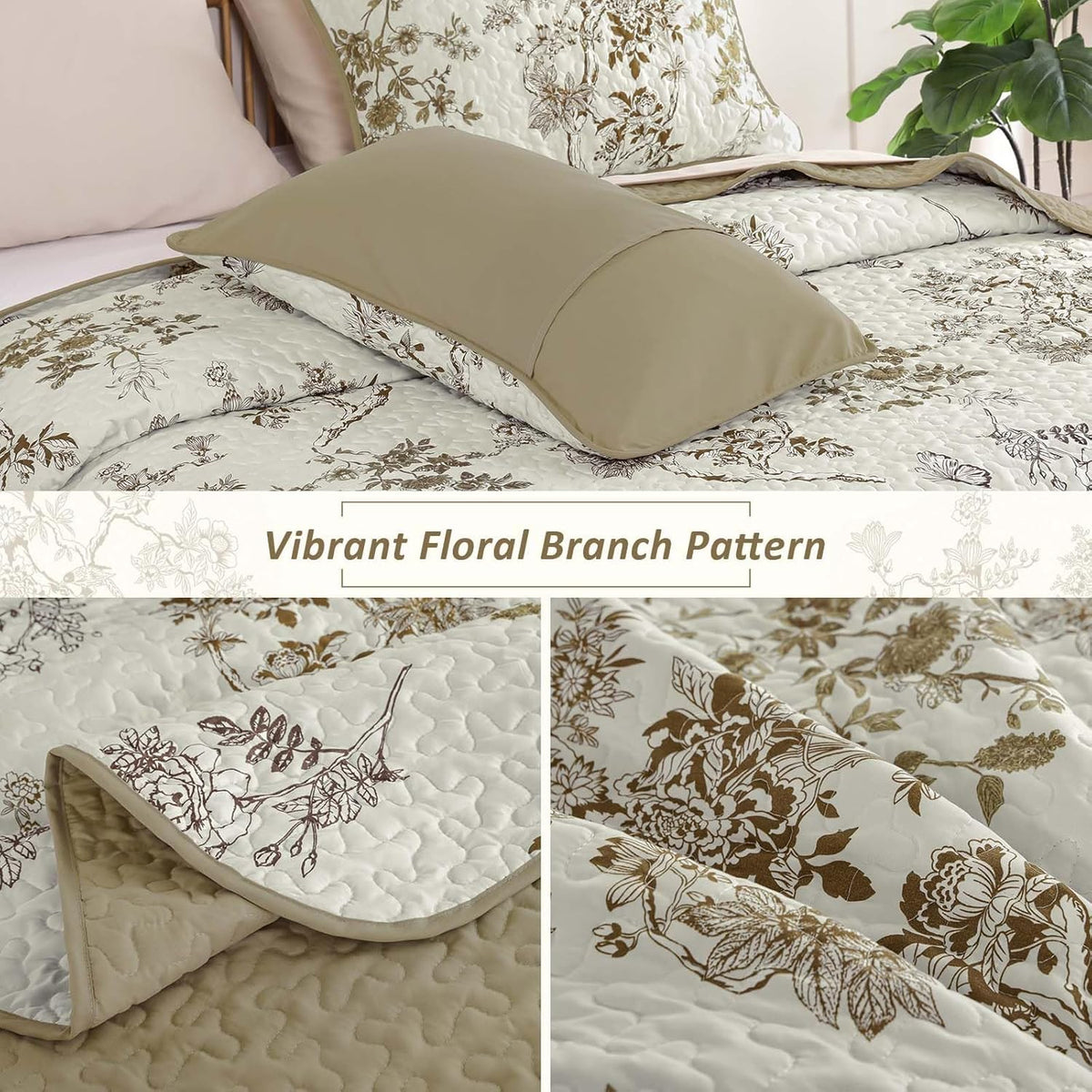 WONGS BEDDING Floral Quilt Set King, 3 Pcs Brown Bedspread Coverlets Set