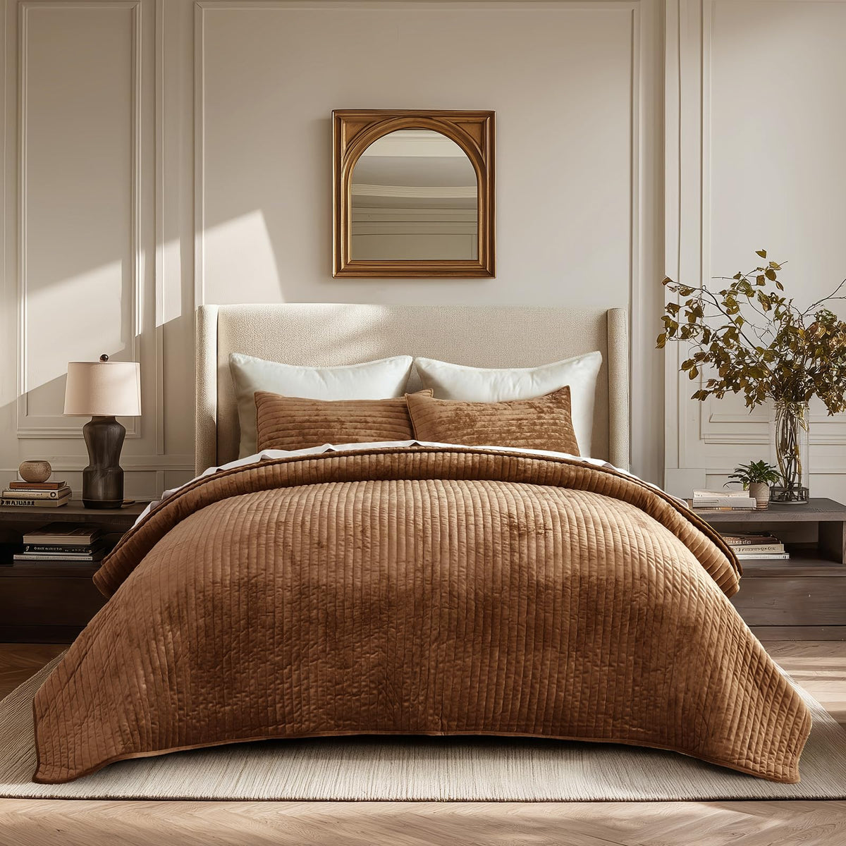 EverGrace Stripe Channel Luxury Velvet Quilt Set King Size, Mocha Brown