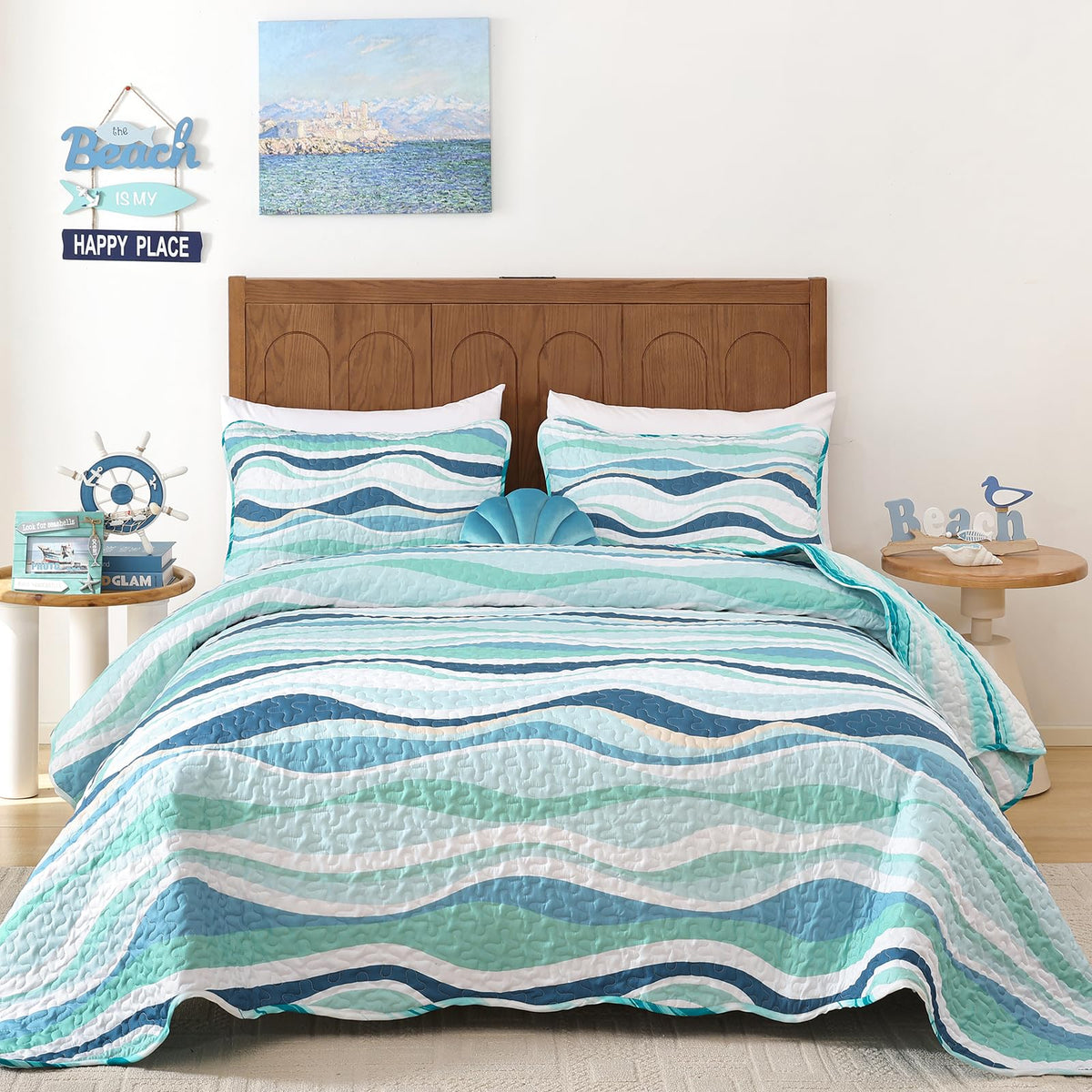 DJY Ocean Coastal Quilt Queen Size, 3 Pcs Sea Turtle Theme Bedspread Set