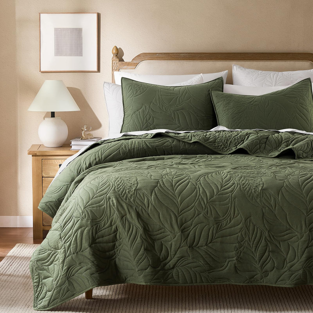 R.SHARE Beige Queen Size Quilt Set, Neutral Soft Lightweight Bedspread, Farmhouse Rustic Country Coverlet, Leaf Pattern Bedding with 2 Shams, 3 Pieces Spring Summer Thin Comforter
