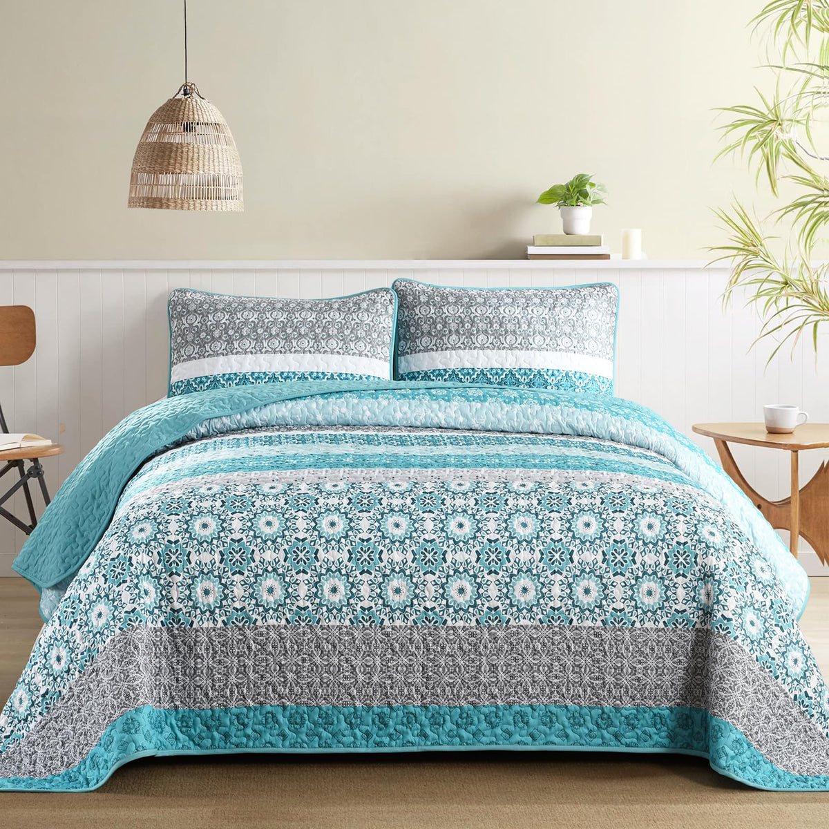 WONGS BEDDING Boho Quilt Set Queen，3 Pcs Yellow Floral Striped Bedspread