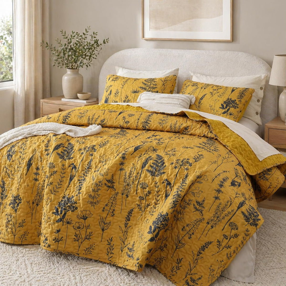JANZAA Quilts Queen Size, Sage Green Bedspread 3 Pcs Floral Bedding Set
