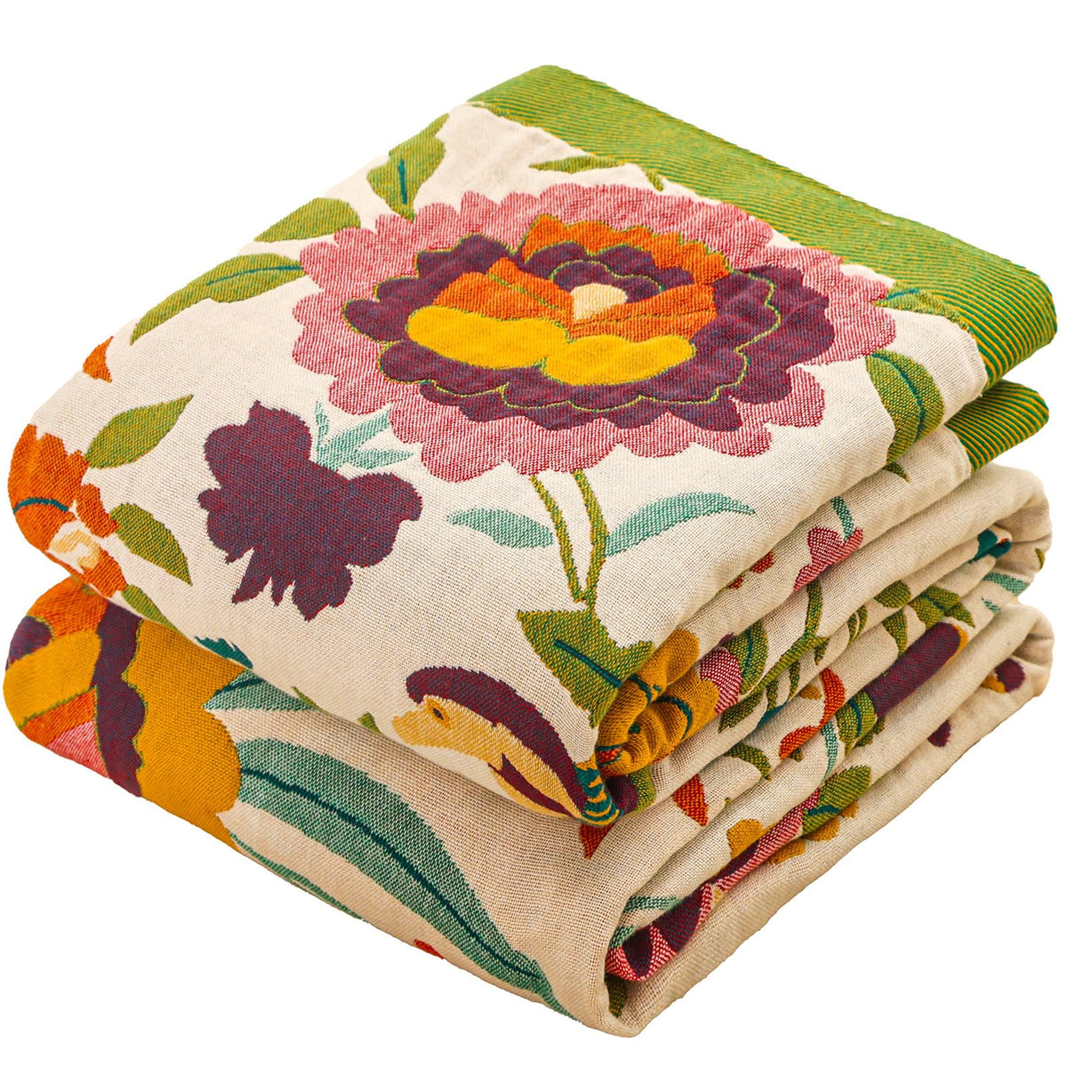 Floral Rustic Large Boho Throw Blanket 90"x98" Orange&Sage Green