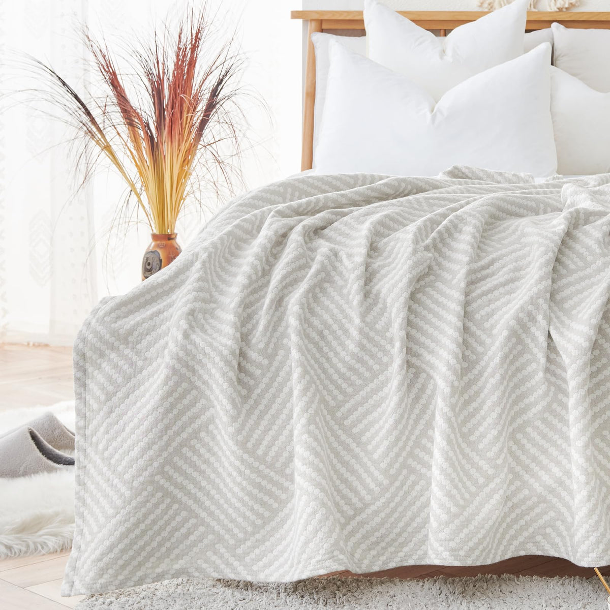 jinchan 100% Cotton Muslin Blanket Twin Boho Throw Blanket 50x60 Gray