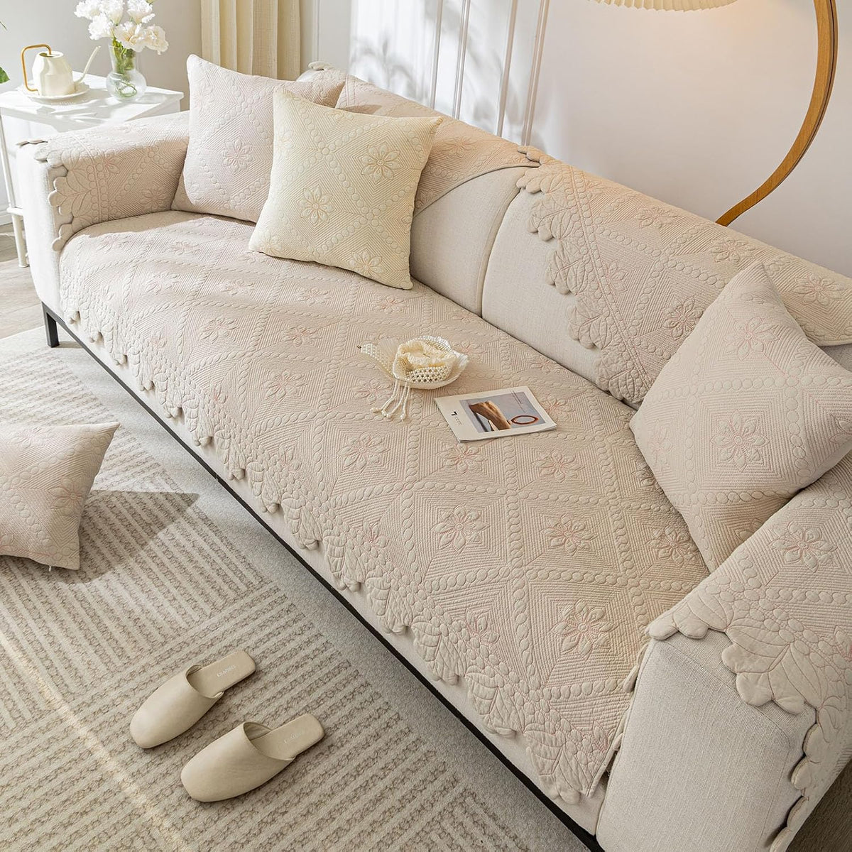 Quilted Couch Covers for Sofa Farmhouse Sofa Covers(Khaki,28"x70")