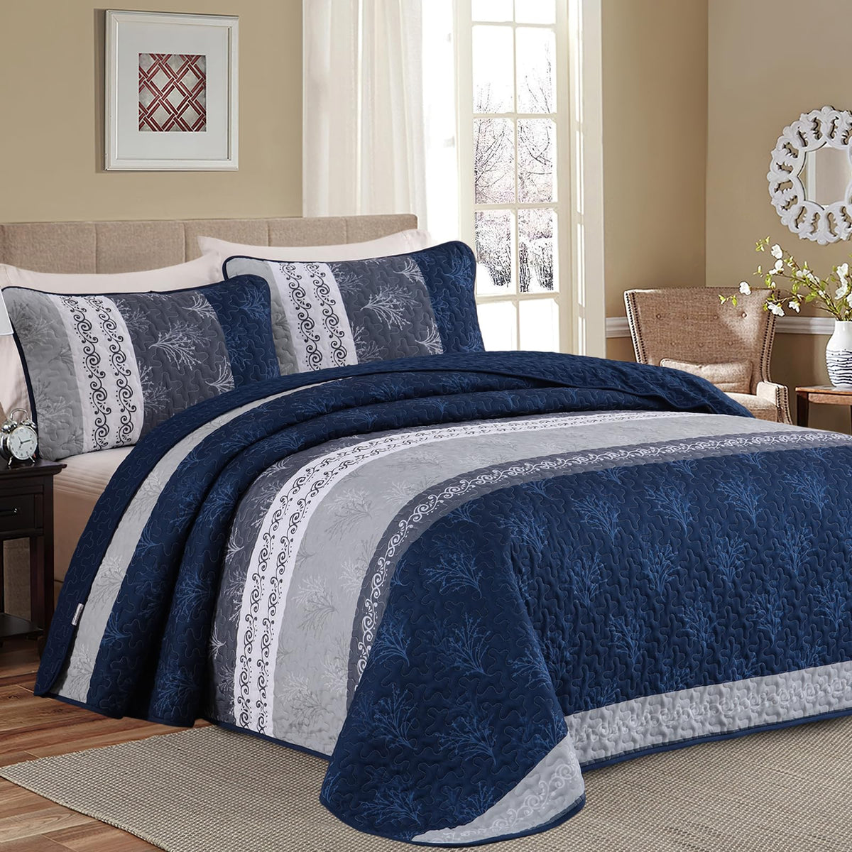 DJY Queen Quilt Set, Lightweight Striped Bedspread Bedding Set, Dark Brown