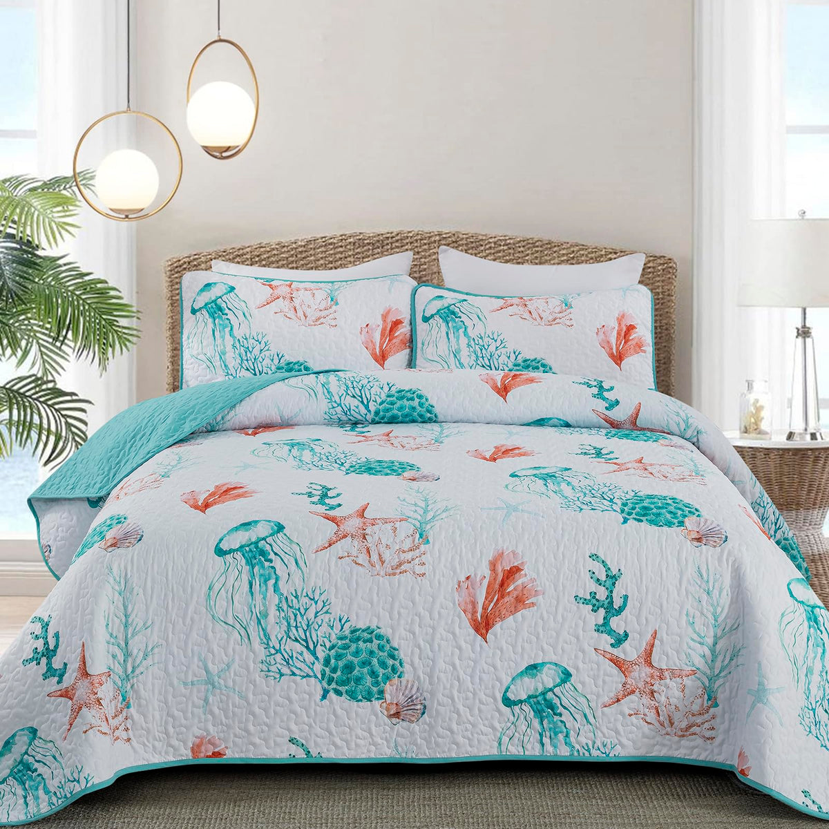 DJY Ocean Coastal Quilt Queen Size, 3 Pcs Sea Turtle Theme Bedspread Set