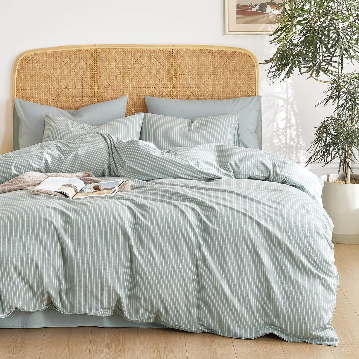 Wake In Cloud Striped Cotton Duvet Cover Set, Greyish Blue, Full