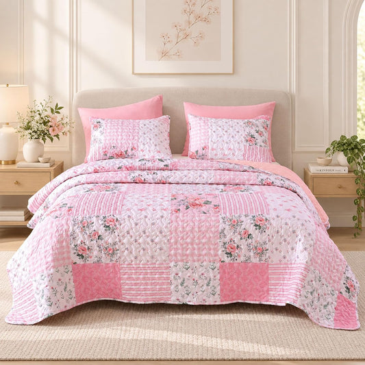 YIKUSH Floral Quilt Set Queen Size – Ultra Soft Lightweight Bedspread, 3 Piece Pink Bedding Set (90"x90") with Pillowcases (20"x26"), All Season Coverlet for Bedroom & Guest Room