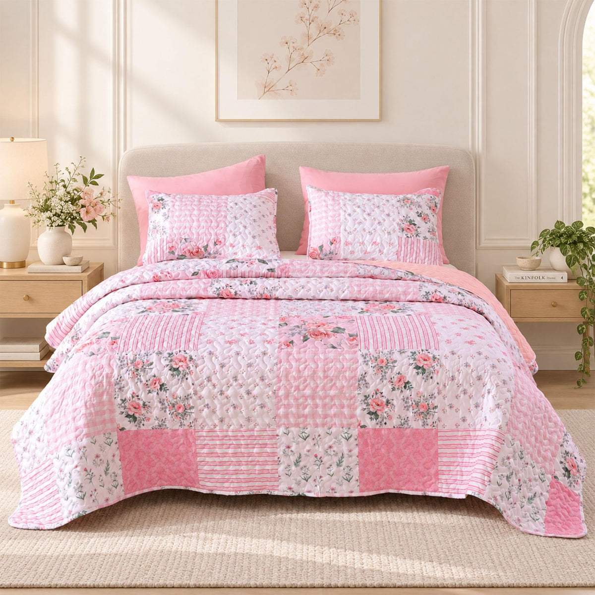 YIKUSH Floral Quilt Set Queen Size – Ultra Soft Lightweight Bedspread, 3 Piece Pink Bedding Set (90"x90") with Pillowcases (20"x26"), All Season Coverlet for Bedroom & Guest Room