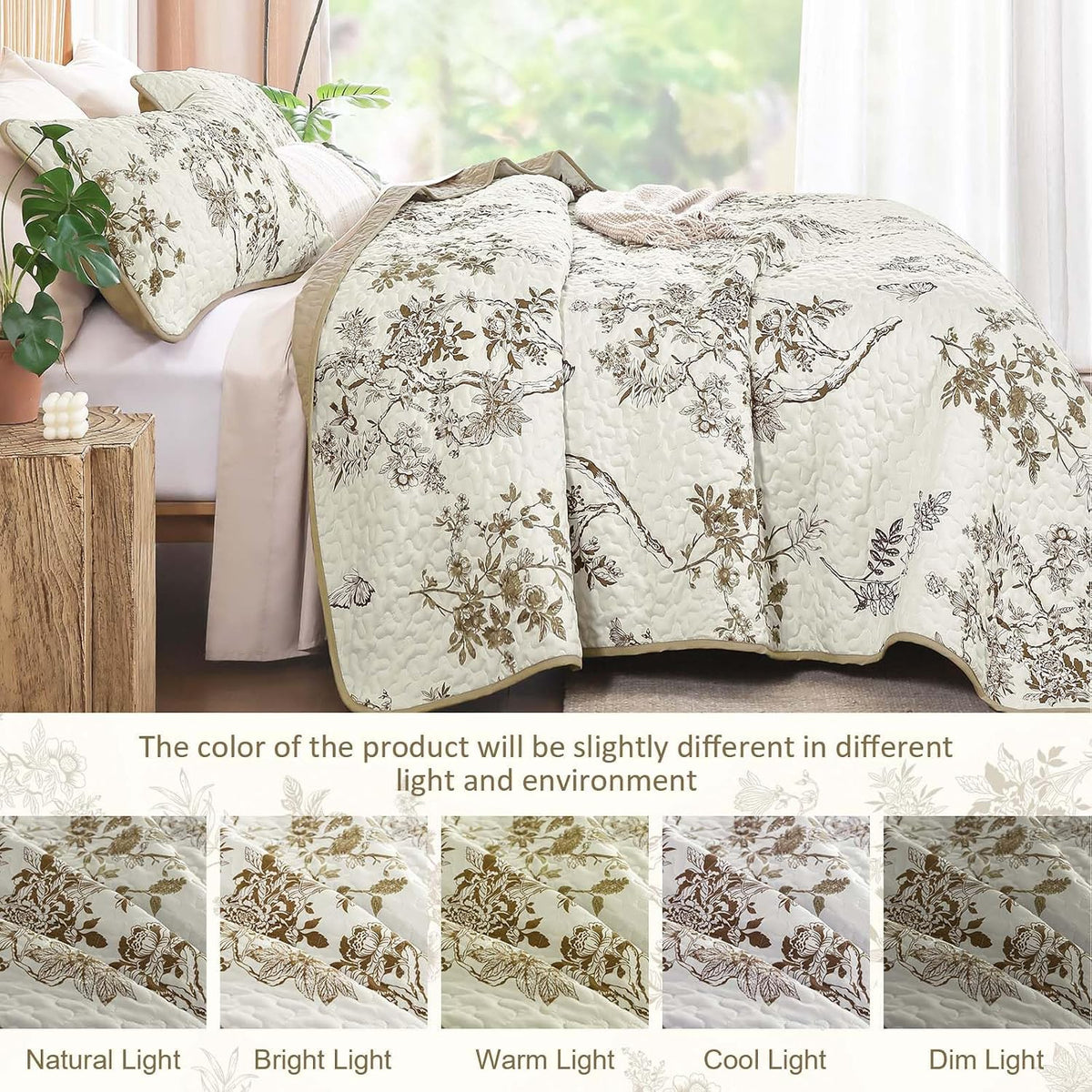 WONGS BEDDING Floral Quilt Set King, 3 Pcs Brown Bedspread Coverlets Set