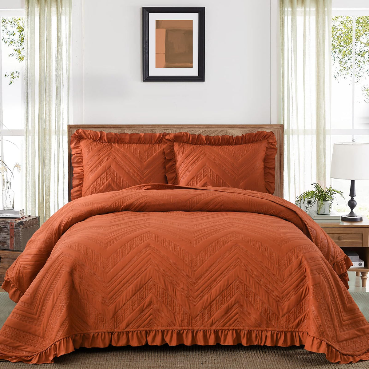 DJY Quilts Queen Size, Ruffled Reversible Bedding Set, Beige