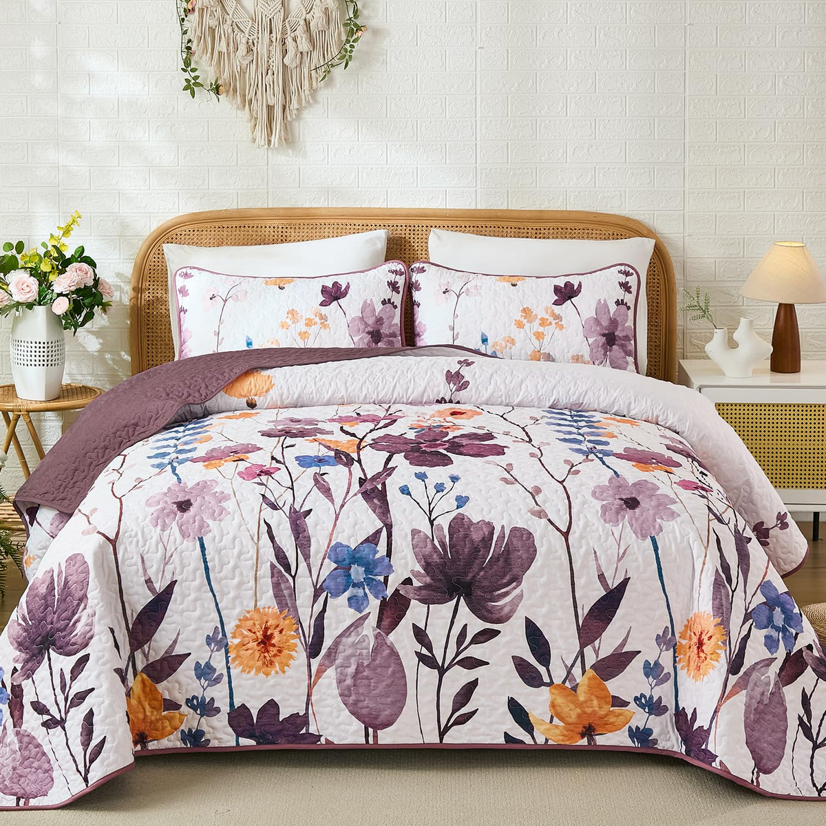 Anibedding Floral Quilt Set King, 3 Pieces Yellow Lightweight Bedspread