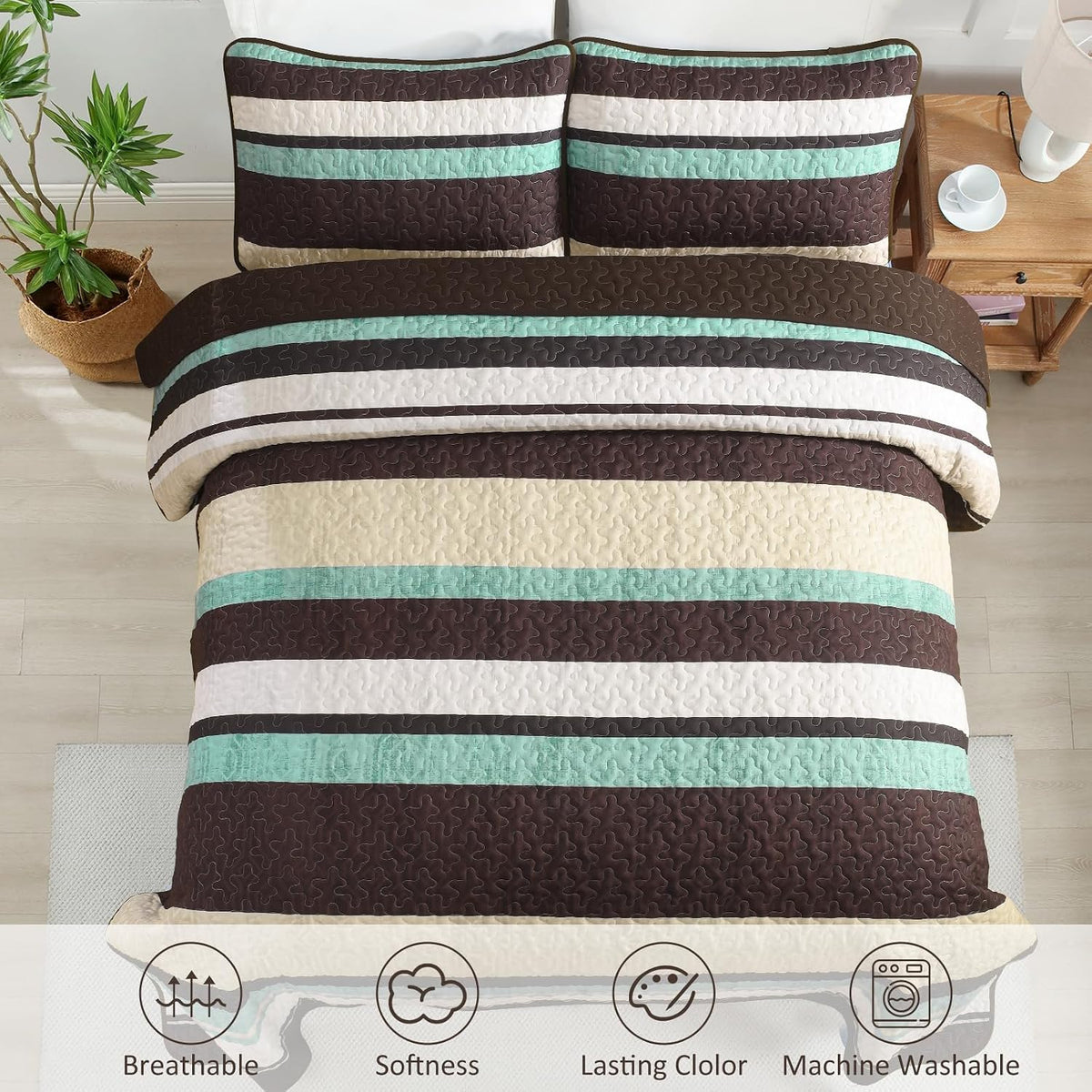 Dobuyly King Size Striped Quilt, Boho Brown Lightweight Bedspread Bedding