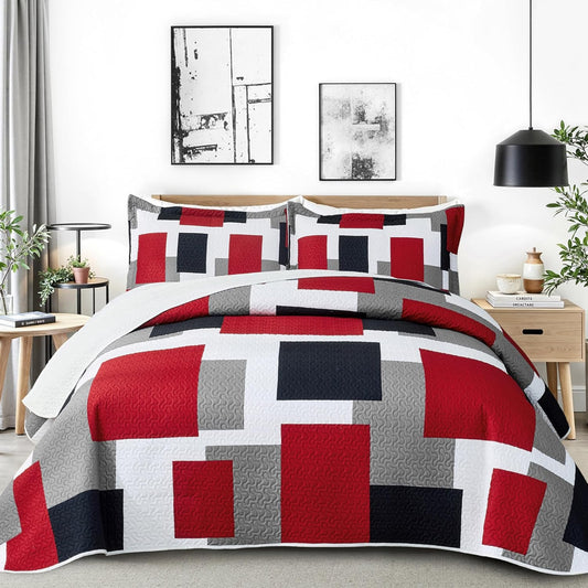 Tyrot 3 Piece Red Black Grey Quilts King Size Red White Gray Bedding Set