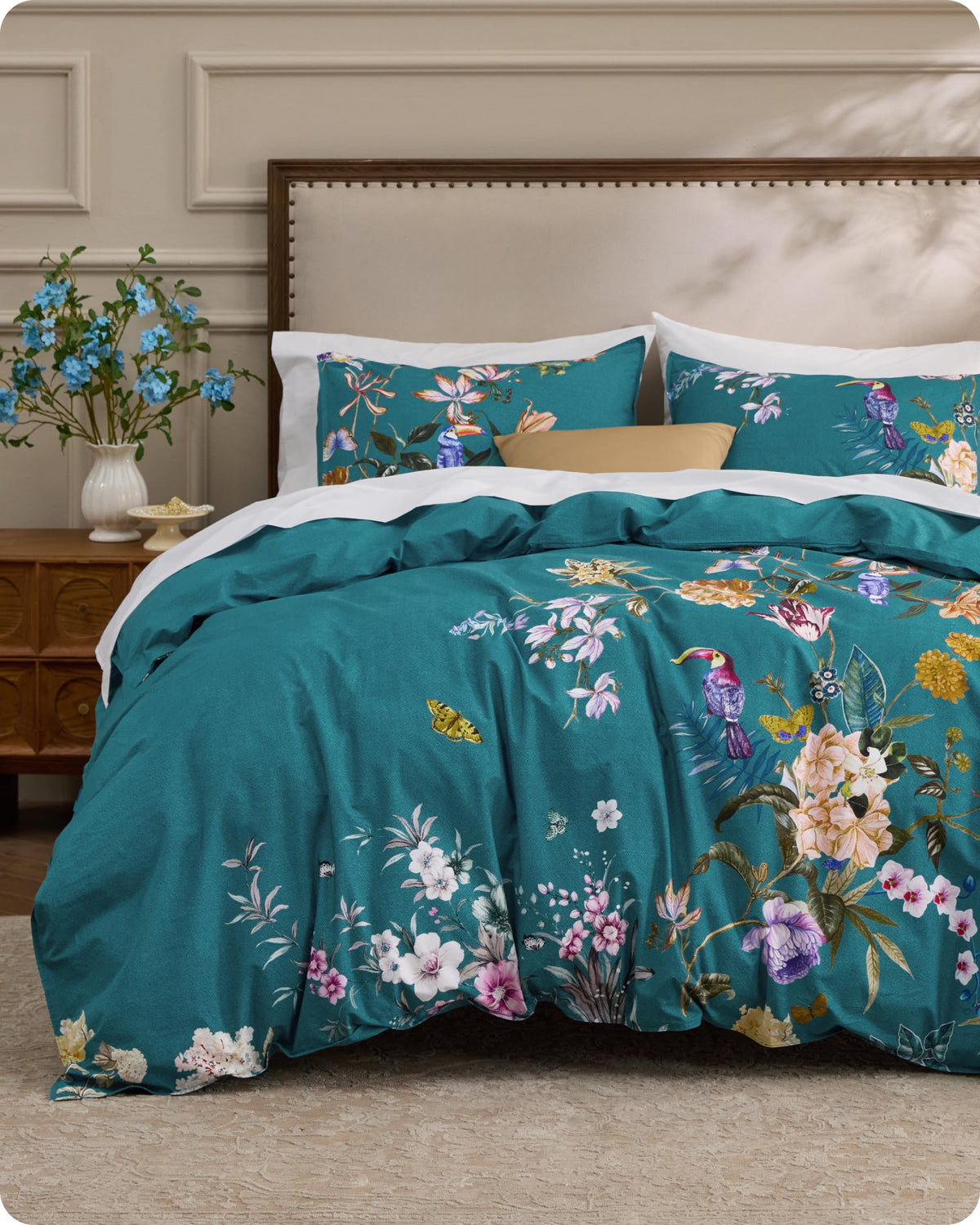 Bedsure PureWoven 100% Cotton Floral Duvet Cover Set, Queen, Green
