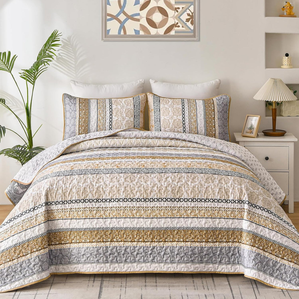 WONGS BEDDING Boho King Quilt Set，3 Pcs Light Blue Summer Bedspread
