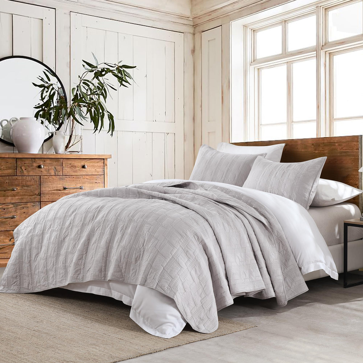 HORIMOTE HOME 100% Cotton Quilt Set Twin Size, White Pre-Washed 2-Piece Bedspread Coverlet Set, Cozy Lightweight Stitching Decorative Bedding Cover with 1 Shams in Geometric Pattern for All Season