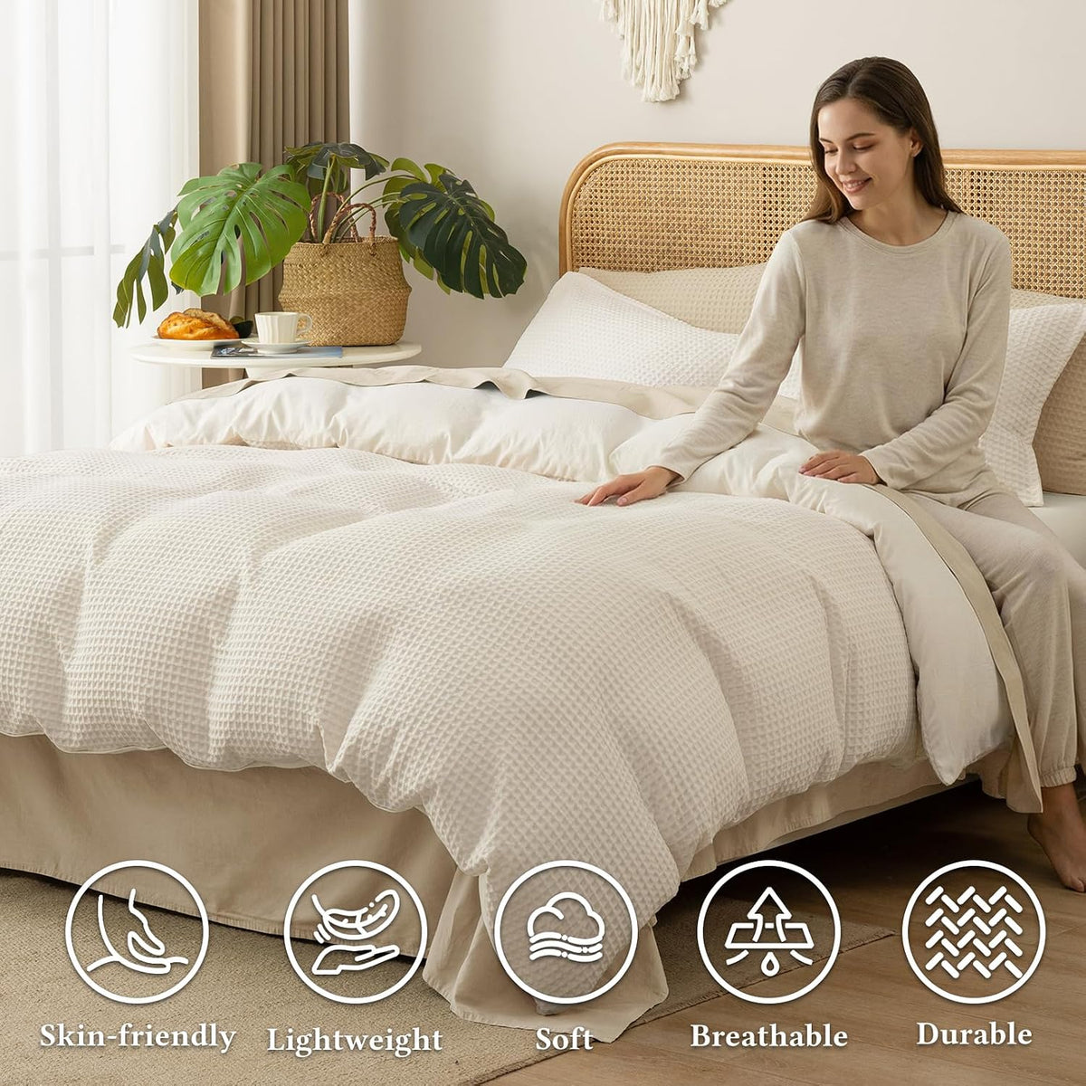 David's Home Textured Waffle Weave Duvet Cover Set, Twin, Cannoli Cream