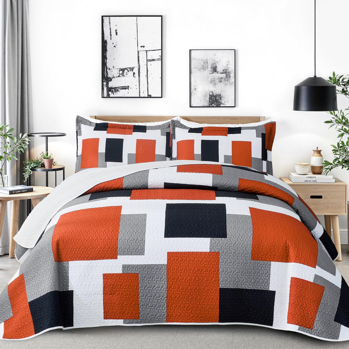 Tyrot 3 Piece Red Black Grey Quilts King Size Red White Gray Bedding Set
