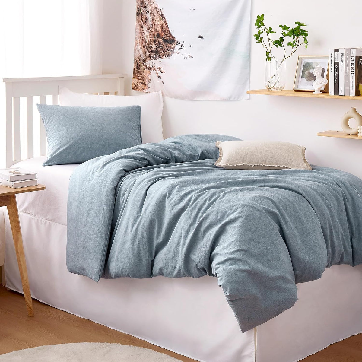 Wake In Cloud - Cotton Duvet Cover Set, 100% Washed Cotton, Linen Like Textured, Breathable Durable Comfy Farmhouse Neutral Bedding Set, 3 Pieces, Light Denim Blue, Twin/Twin XL Size