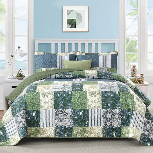 Drucon Green Patchwork Queen Quilt Set, Spring Summer Bedspreads Bedding Set, 3 Pieces Lightweight Soft Plaid Coverlet with 2 Pillow Shams for All Season 96x90 Inch