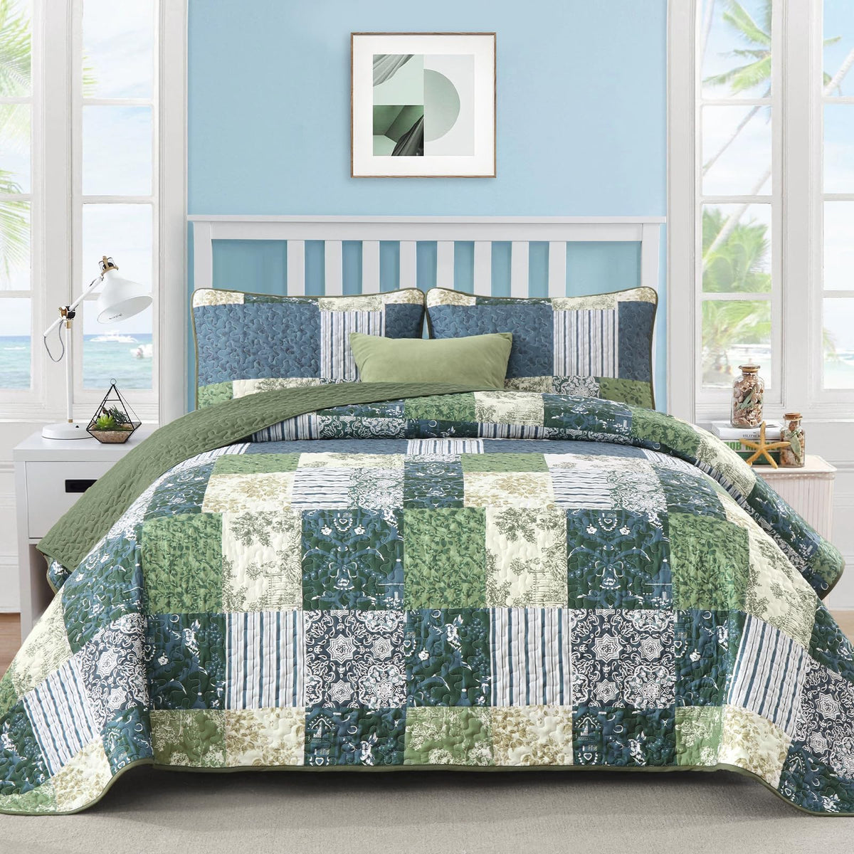 Drucon Green Patchwork Queen Quilt Set, Spring Summer Bedspreads Bedding Set, 3 Pieces Lightweight Soft Plaid Coverlet with 2 Pillow Shams for All Season 96x90 Inch
