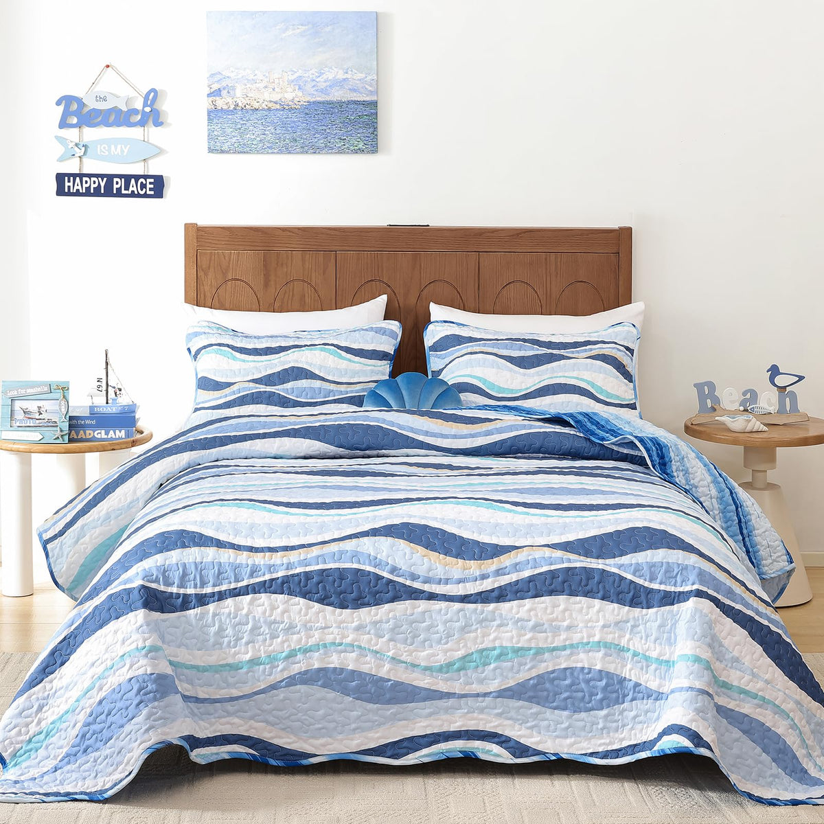 DJY Ocean Coastal Quilt Queen Size, 3 Pcs Sea Turtle Theme Bedspread Set