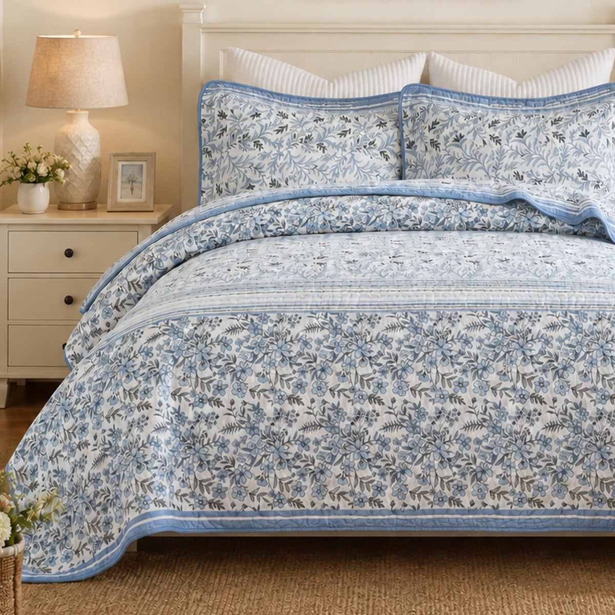 100% Cotton King Quilt Set Taupe Floral Bedding and 2 Pillow Shams