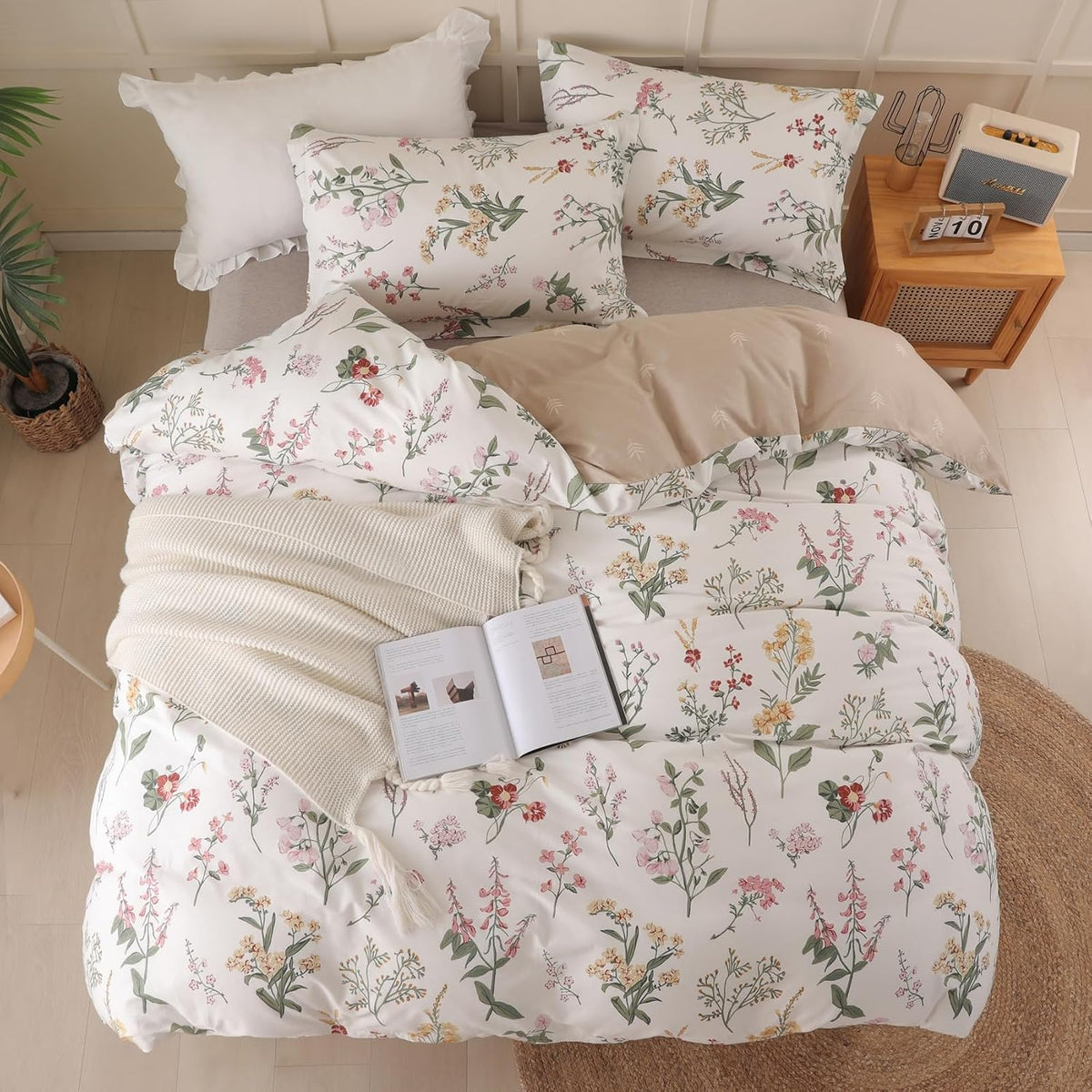 OAITE Queen Duvet Cover Set 3pcs 100% Cotton Wildflower Botanical