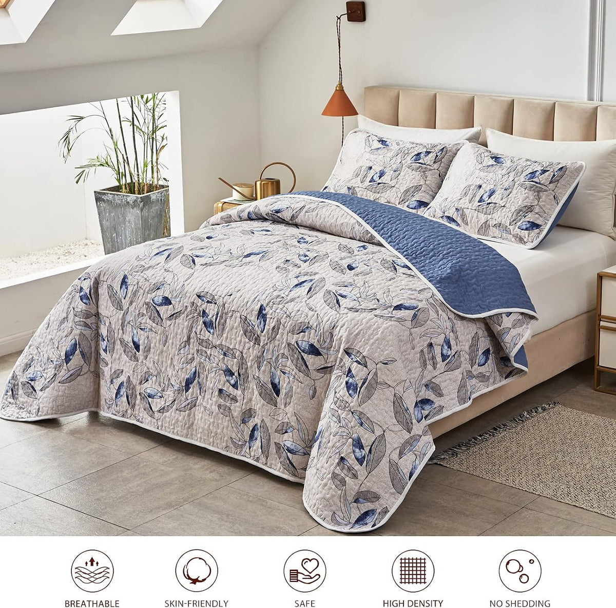 Joyreap 2 Pieces Microfiber Quilt Set, Botanical Blue Leaves on Light Gray Reversible Design, Bedspread Bed Cover for All Season, 1 Quilt and 1 Pillow Sham (Twin, 68x86 inches)